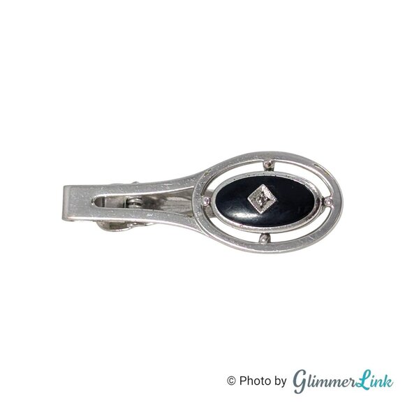 Anson Silver Tone Black Oval Cufflinks & Tie Bar Set with Diamond Accent, 1970s - Picture 6 of 11